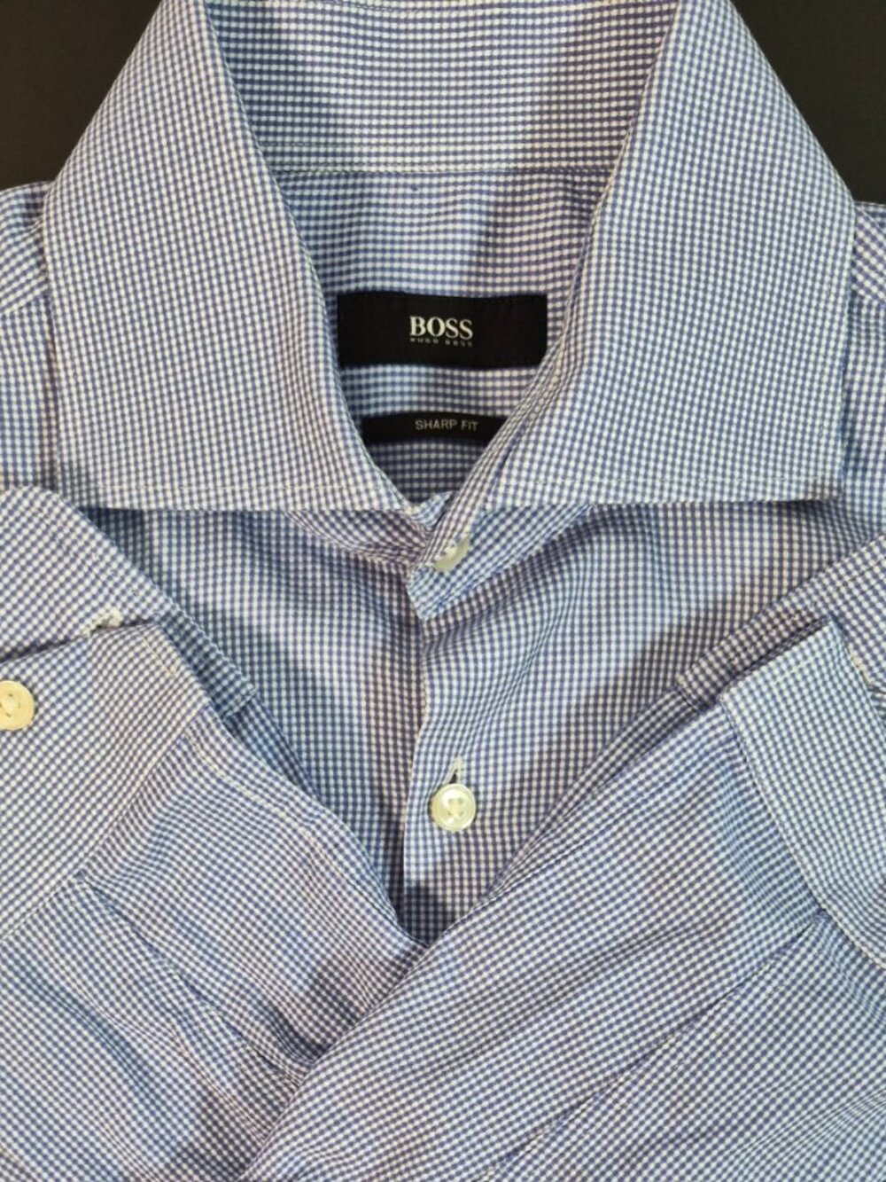 Hugo Boss BOSS Sharp Fit Blue White Micro Check Dress Shirt 15.5 32/33